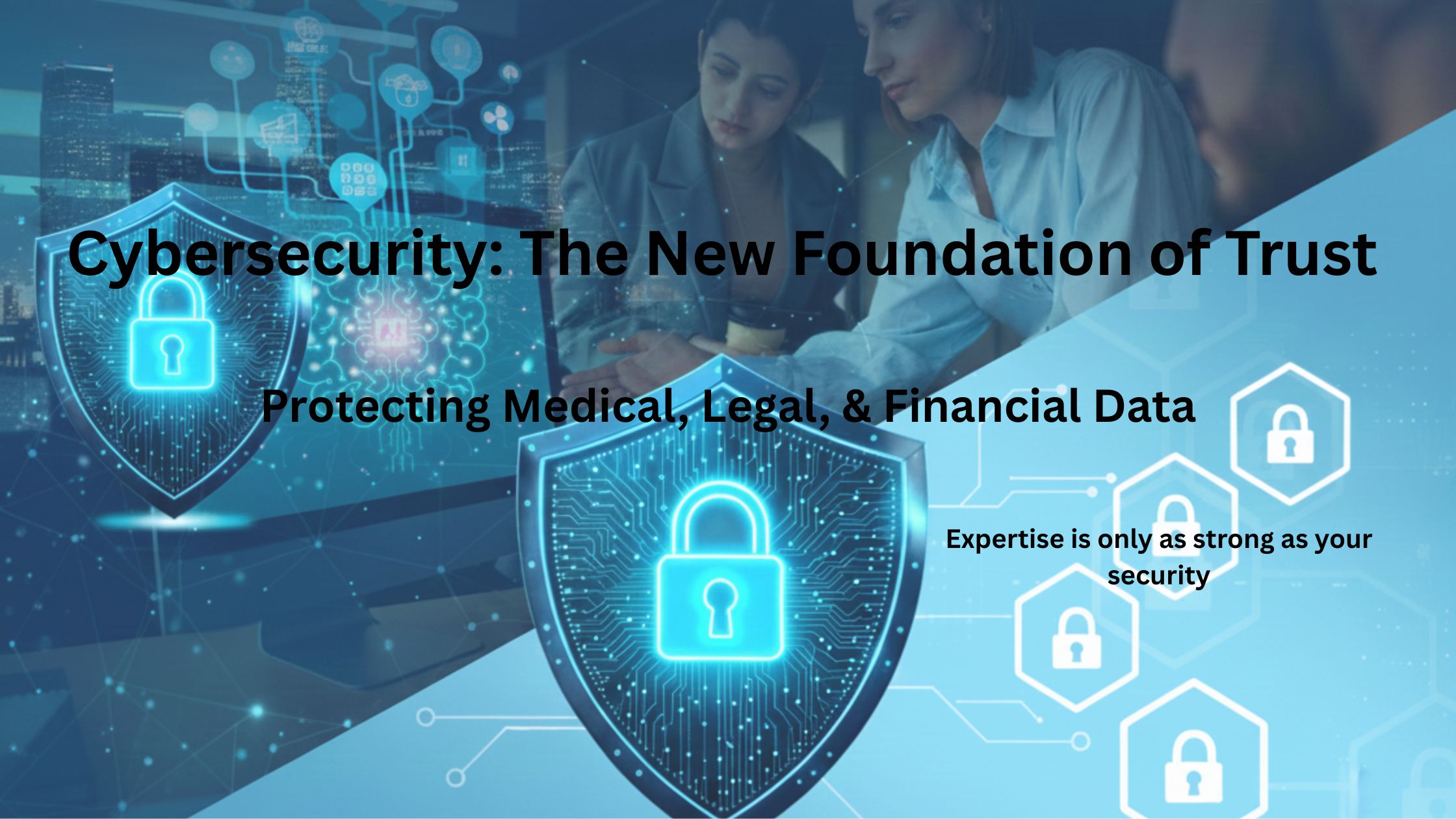 Two business professionals reviewing secure data on a laptop, with digital cybersecurity icons including shield locks and network graphics representing data protection for professional services firms.