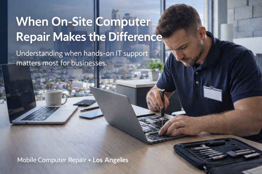 On-site computer repair technician working on a laptop in a modern Los Angeles office during daytime