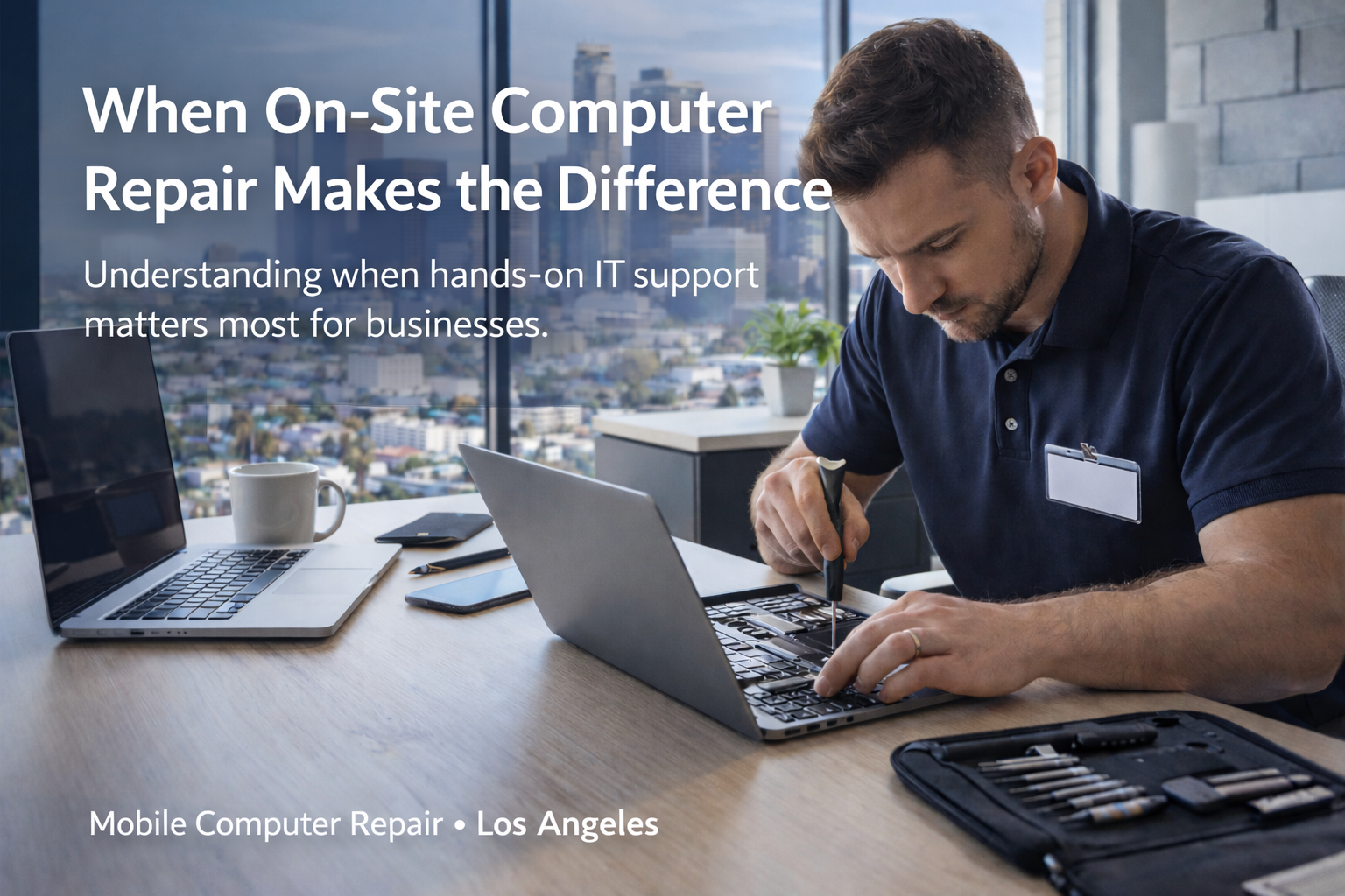 On-site computer repair technician working on a laptop in a modern Los Angeles office during daytime