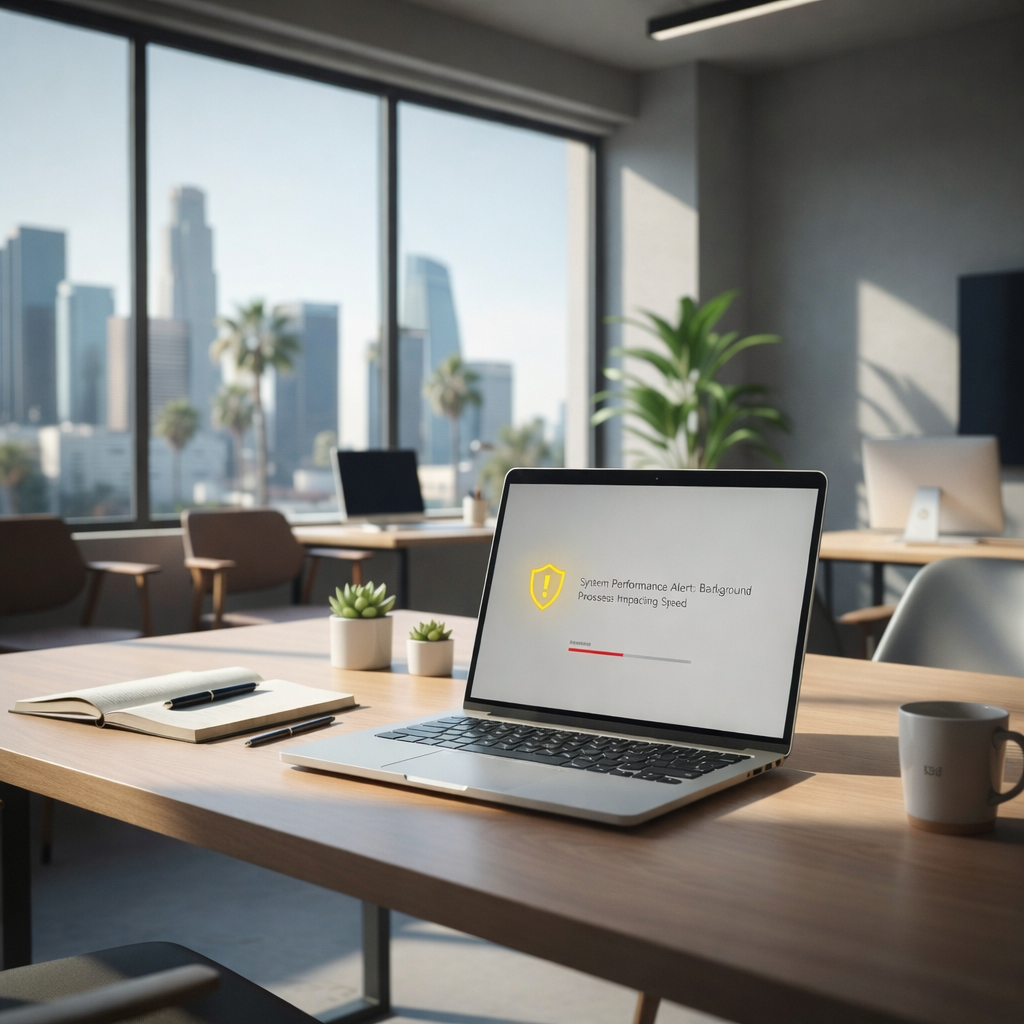 business computer affected by malware in a Los Angeles office