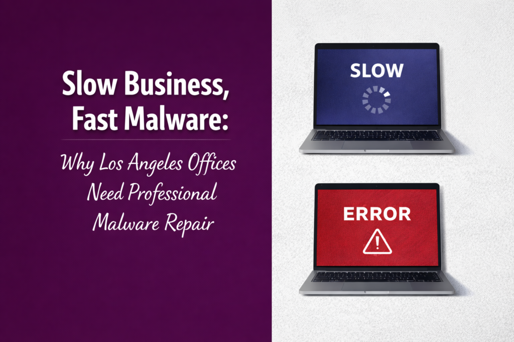 Slow business computer showing error and loading screens, representing malware issues in Los Angeles offices