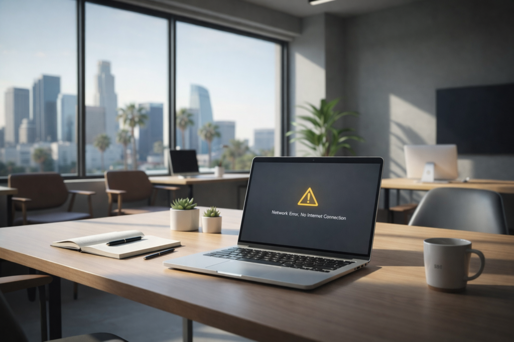 Business laptop showing network error in a Los Angeles office, illustrating same day computer repair for businesses