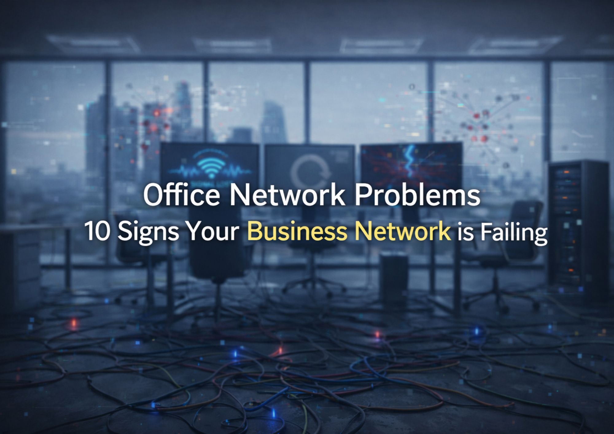 Office network problems visual showing disconnected workstations and servers in a city office environment