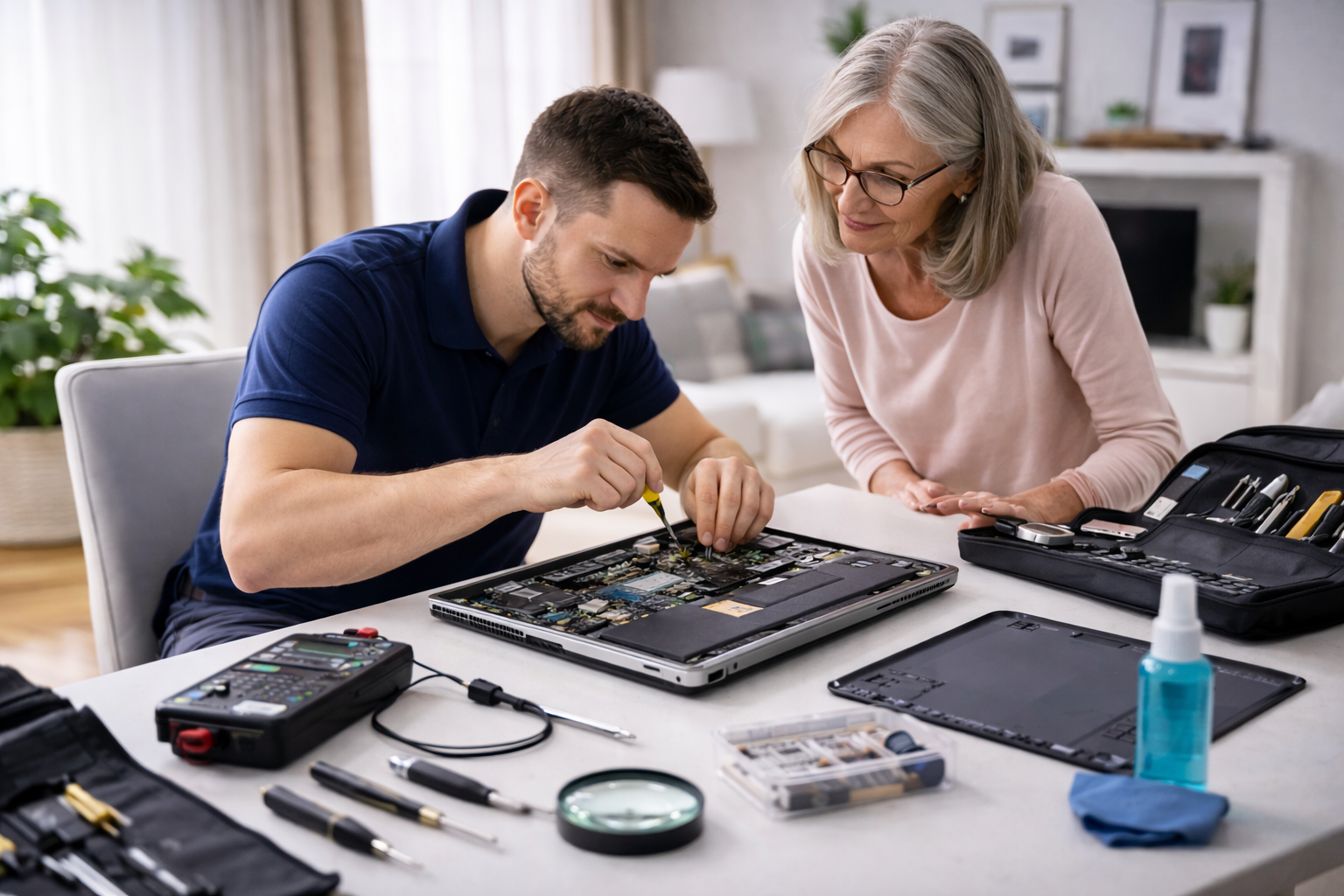 mobile computer repair Los Angeles technician performing on-site laptop repair while customer watches