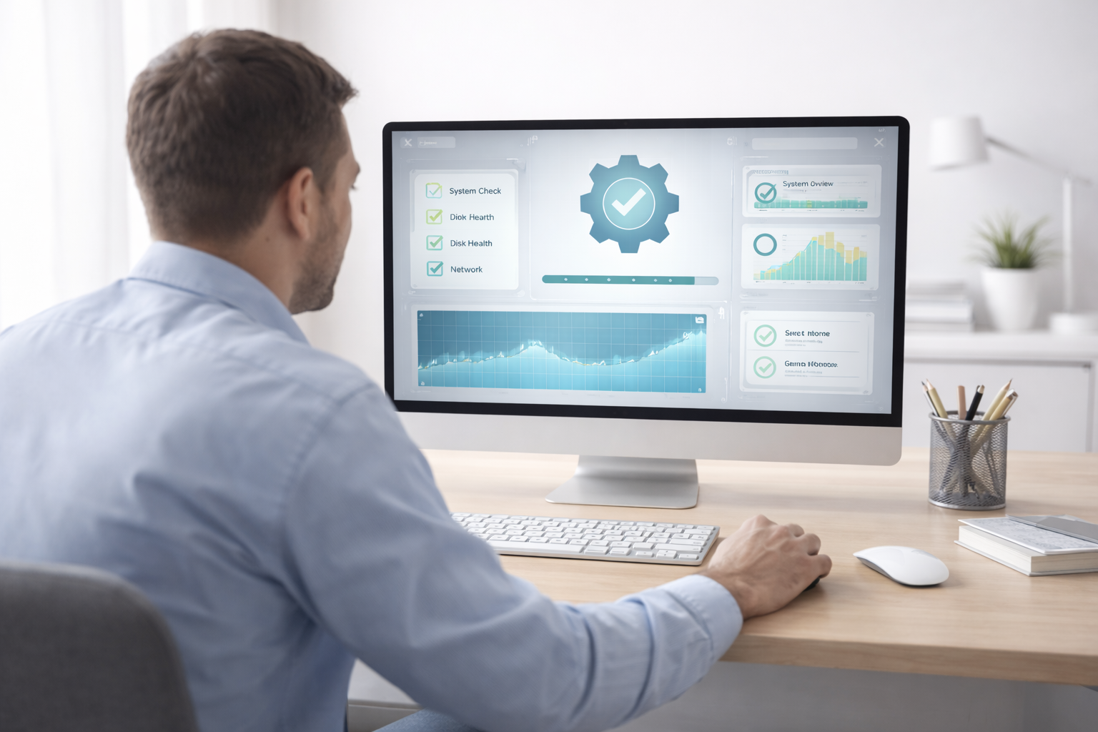 Business Computer Maintenance and System Diagnostics Business desktop computer running system maintenance and diagnostic software in a clean modern office workspace