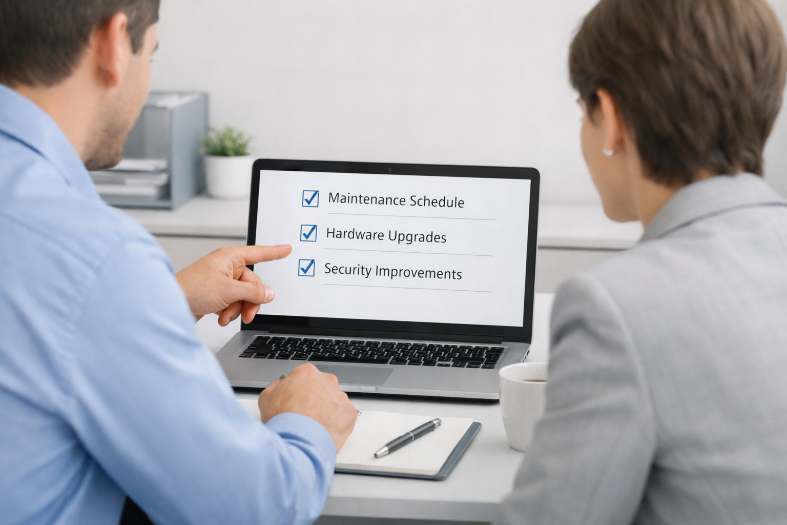 Technician reviewing computer maintenance recommendations and next steps with a client on a laptop