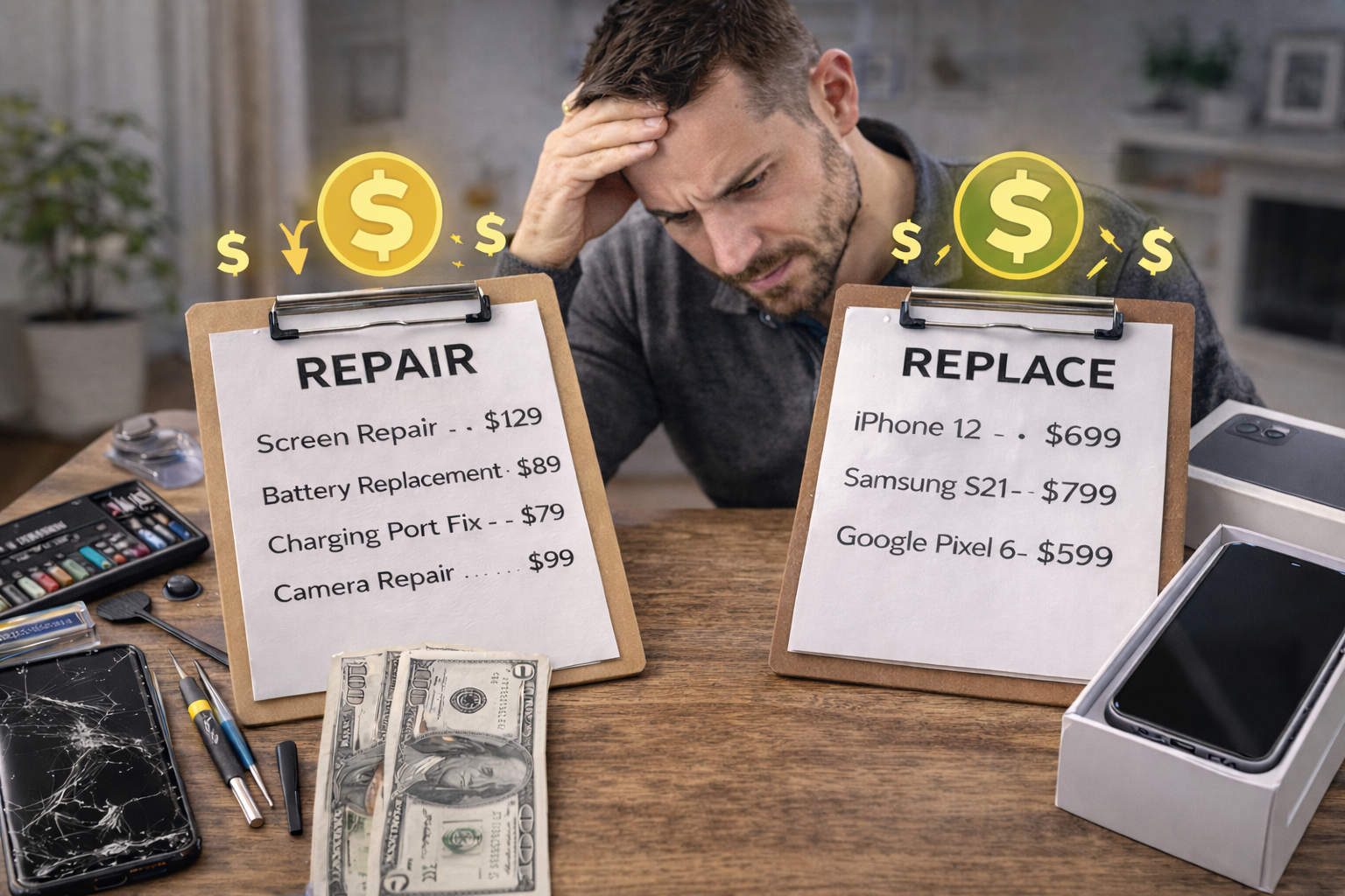 Phone repair vs replacement decision with repair costs and new phone prices