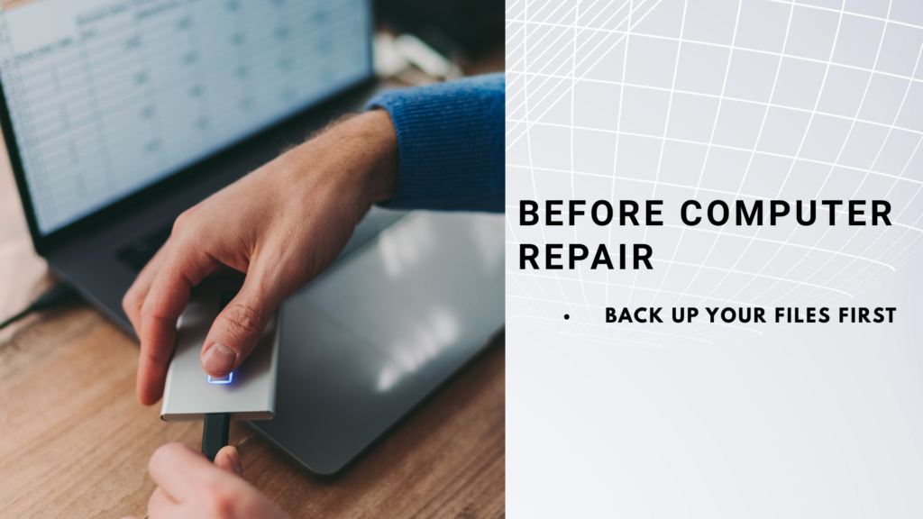 prepare computer for repair by backing up files from laptop to external drive