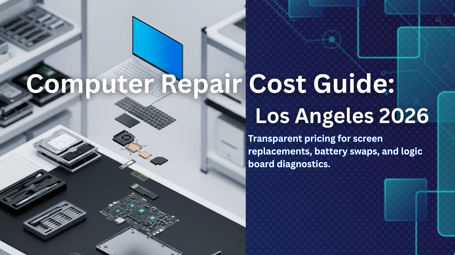 Technical guide for computer repair cost in Los Angeles featuring laptop hardware diagnostics and circuit patterns.