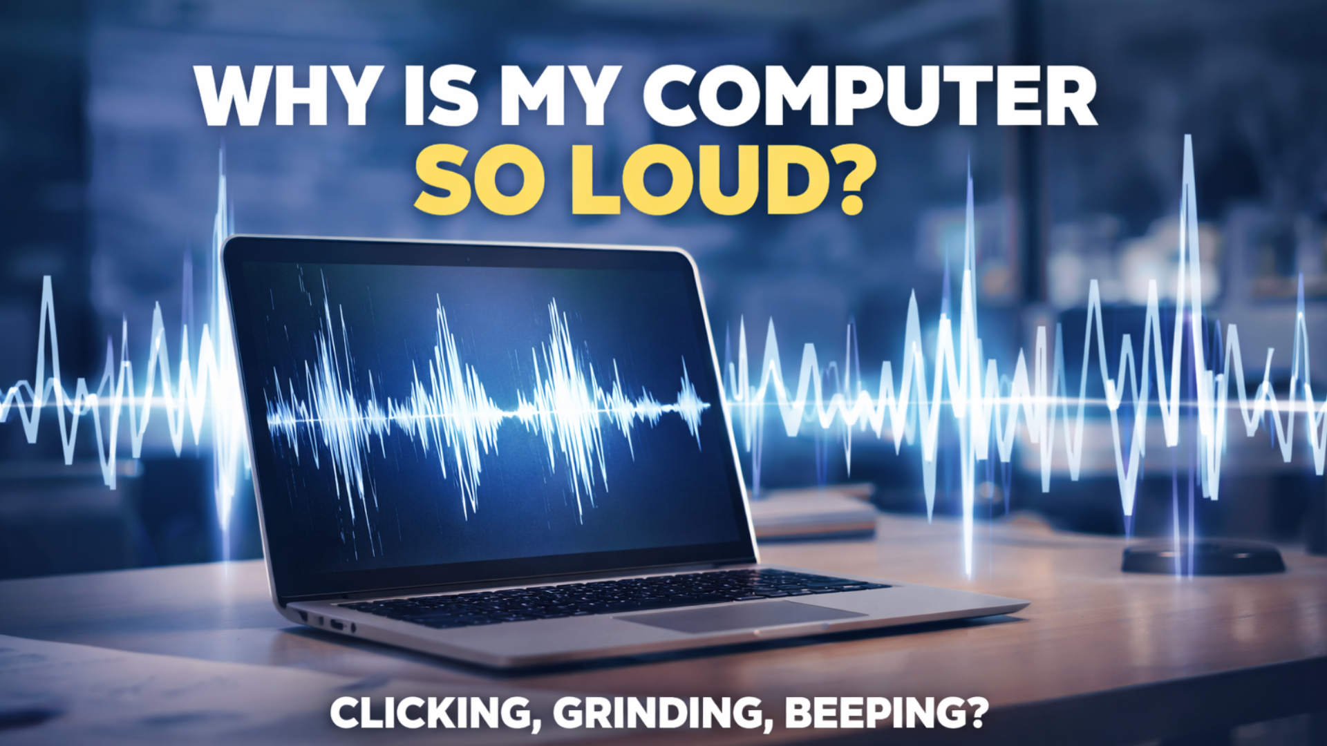 computer making noise repair laptop with loud sound waves indicating clicking grinding and beeping issues.