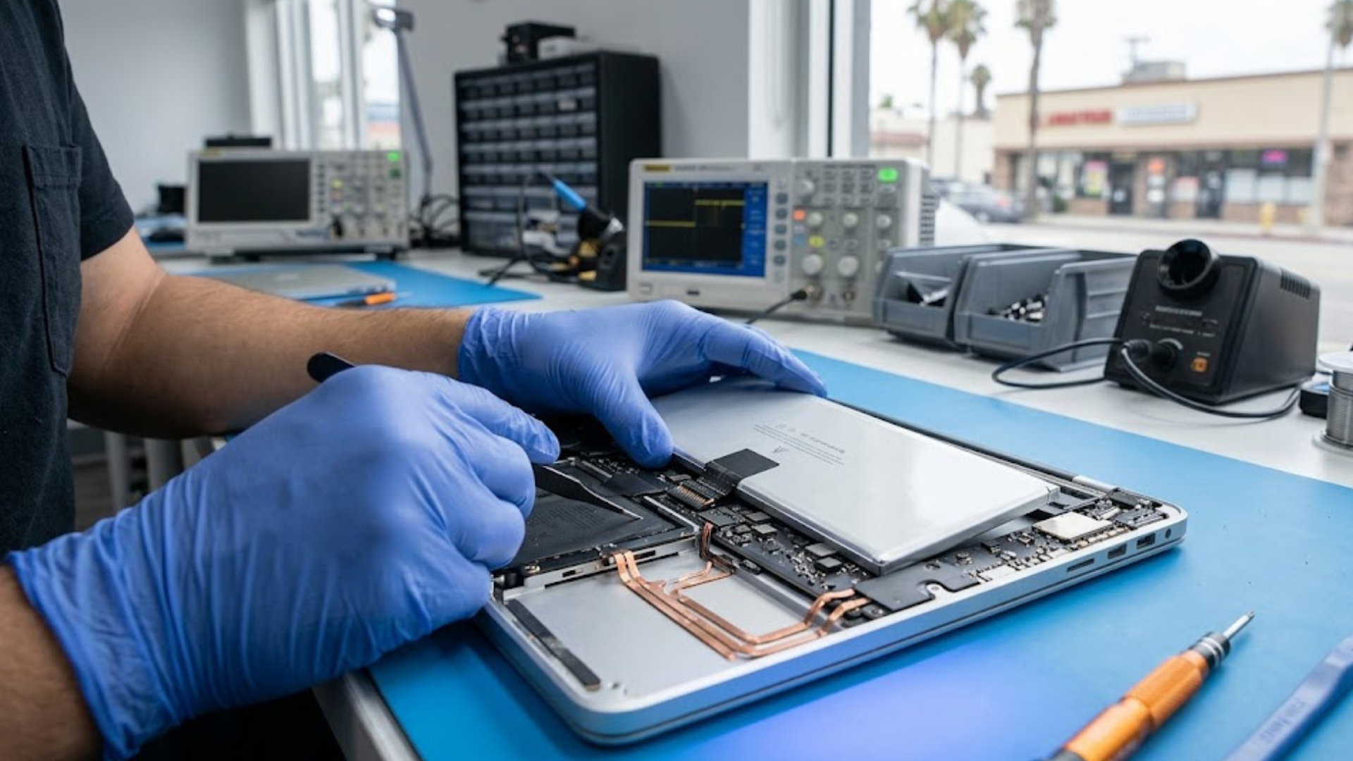 Laptop battery being replaced by certified technician in Los Angeles