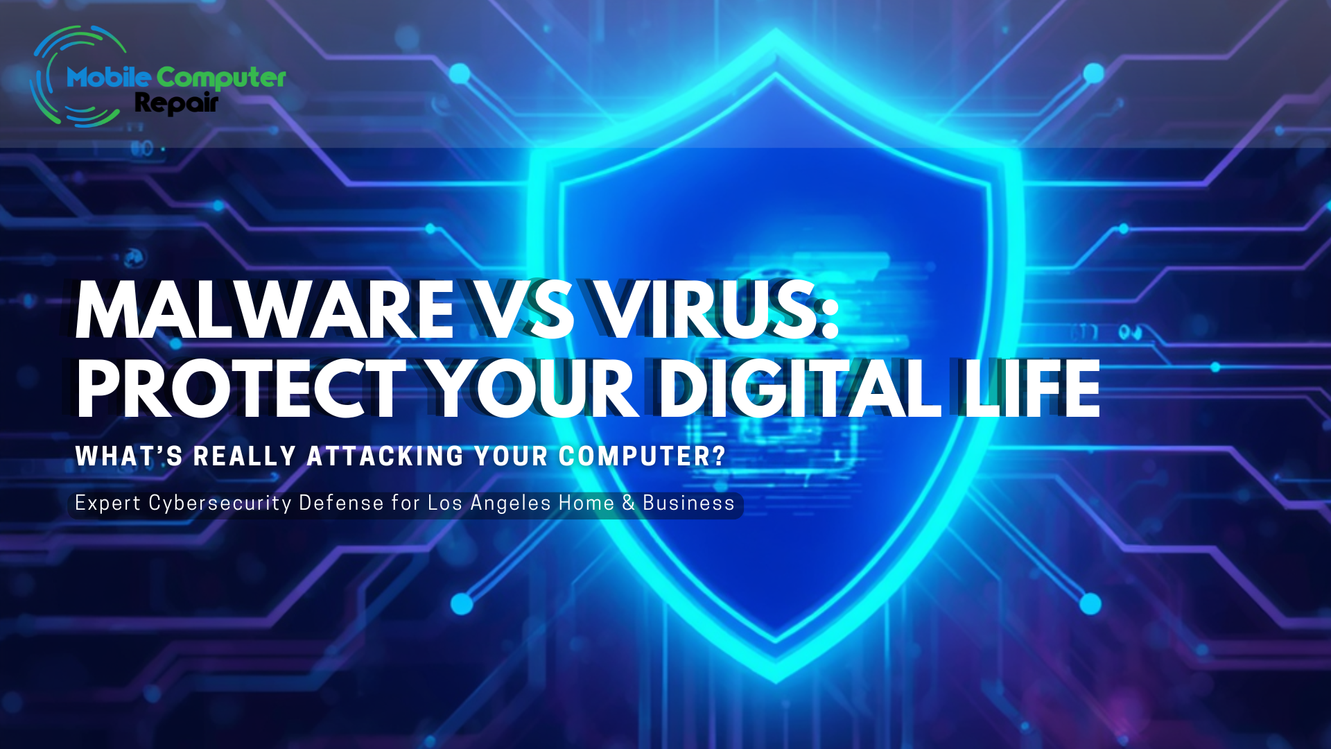 Malware vs virus cybersecurity protection illustration showing a digital shield and lock protecting a compute