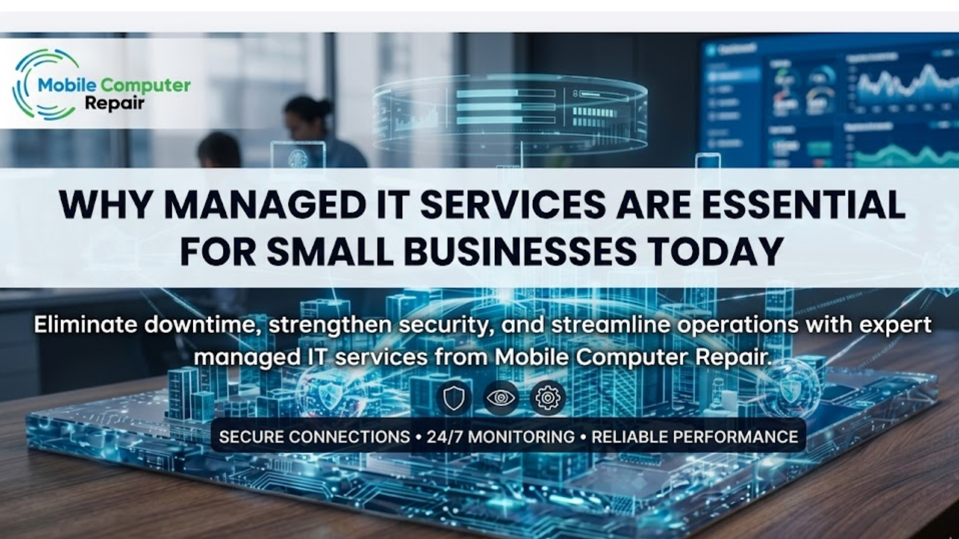 Futuristic smart city network connected through managed IT infrastructure with cybersecurity protection and real-time monitoring