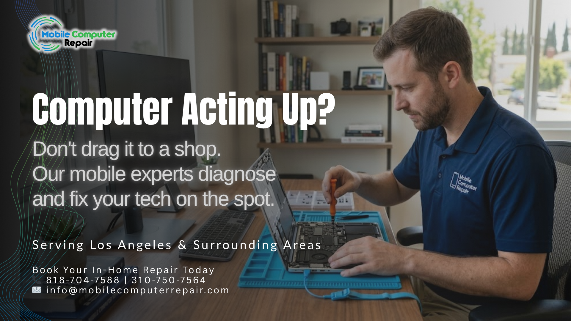 In-home computer repair technician fixing a laptop in Los Angeles with mobile IT service