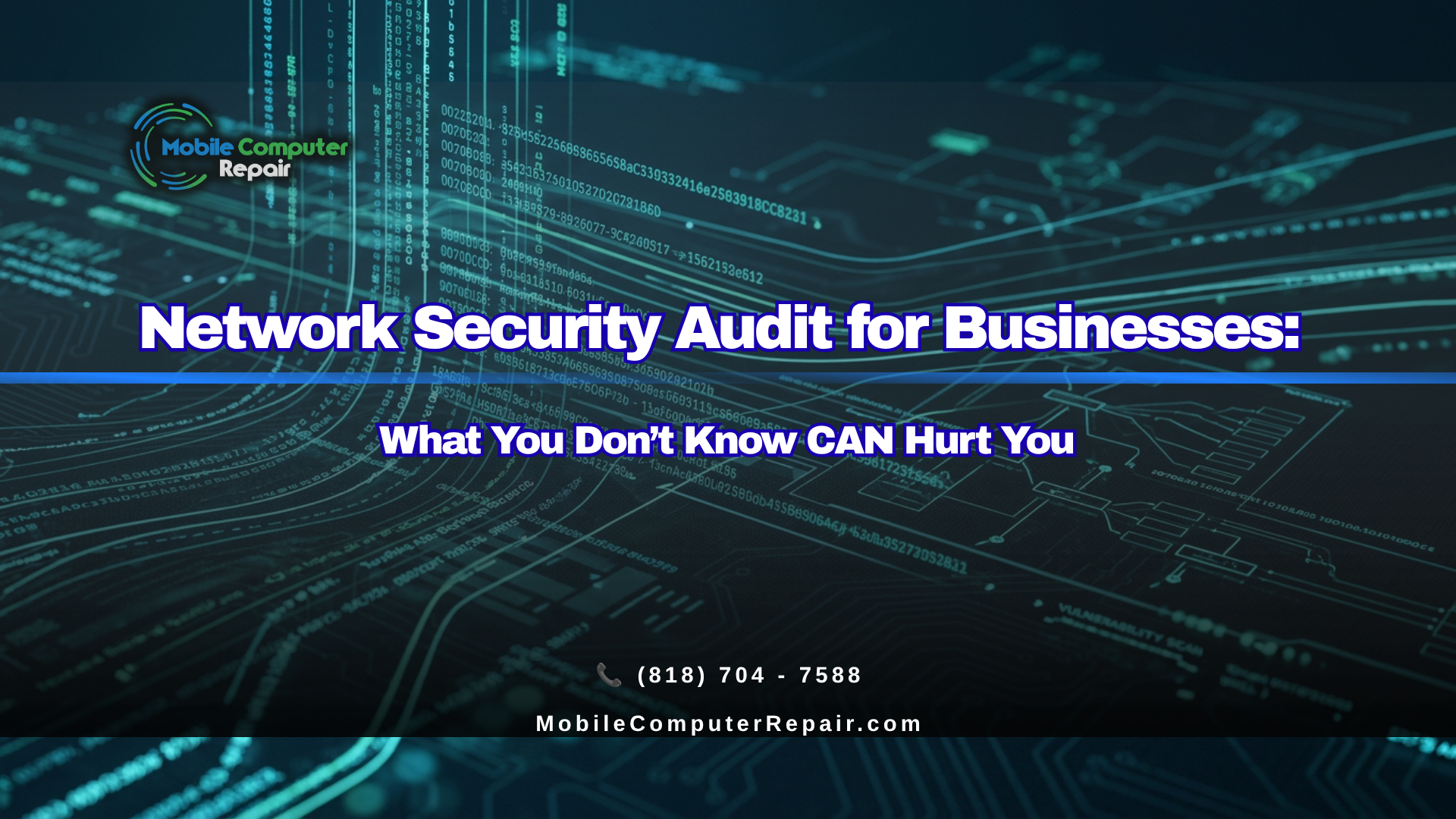 Network security audit for small businesses showing cybersecurity code and data protection concepts