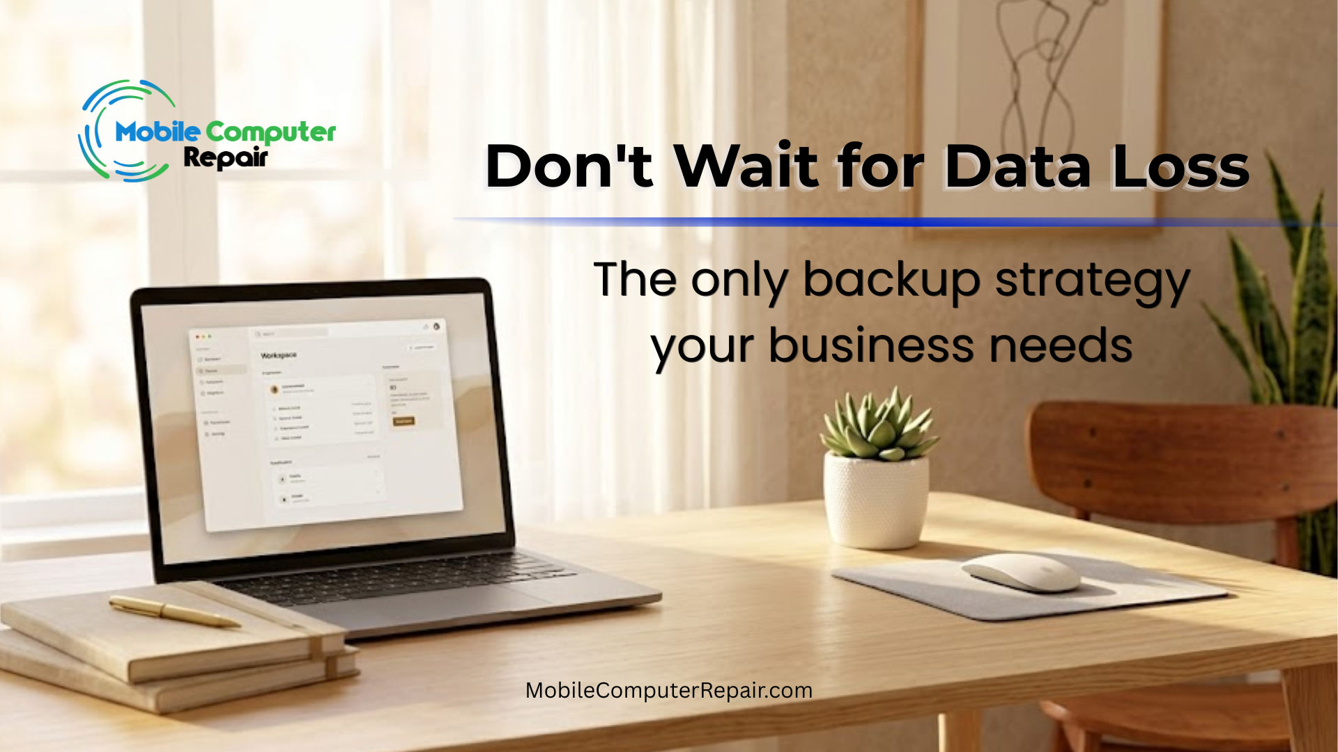 Laptop on a desk showing a data backup strategy for a small business