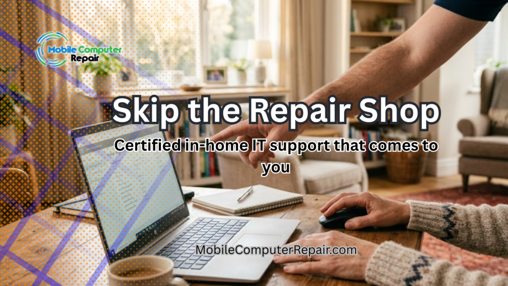 Smiling IT technician helping a homeowner with in-home IT support