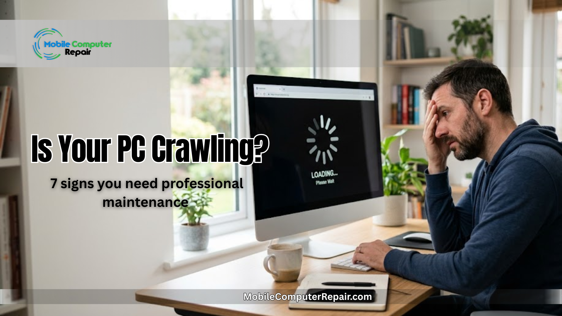 Frustrated homeowner looking at a slow loading screen on a desktop PC