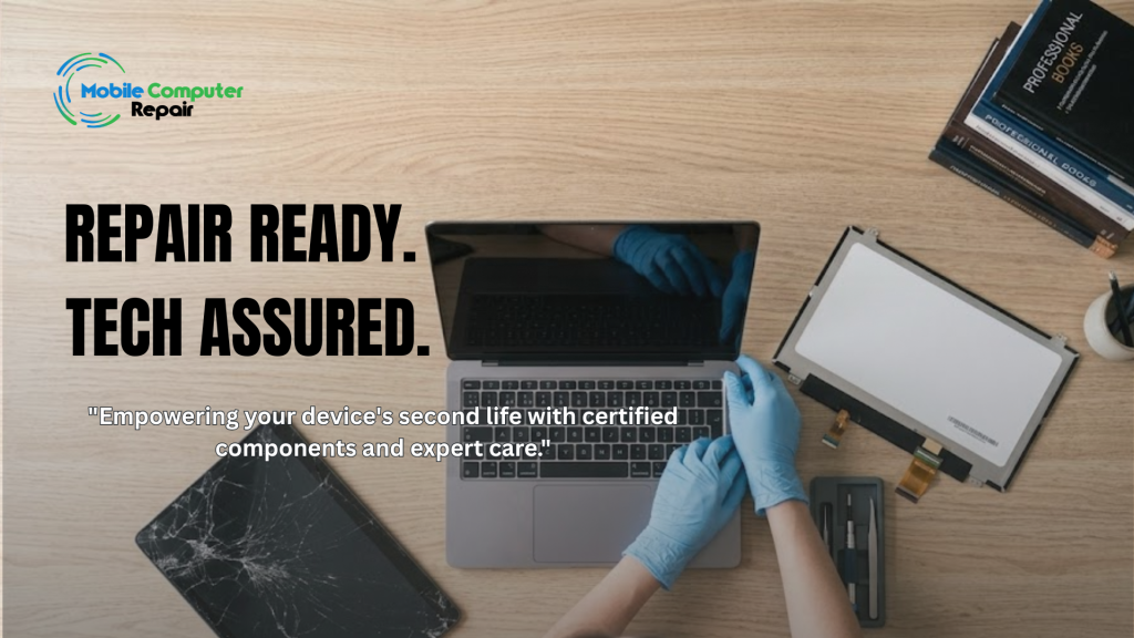 Technician replacing a cracked laptop screen at a home office