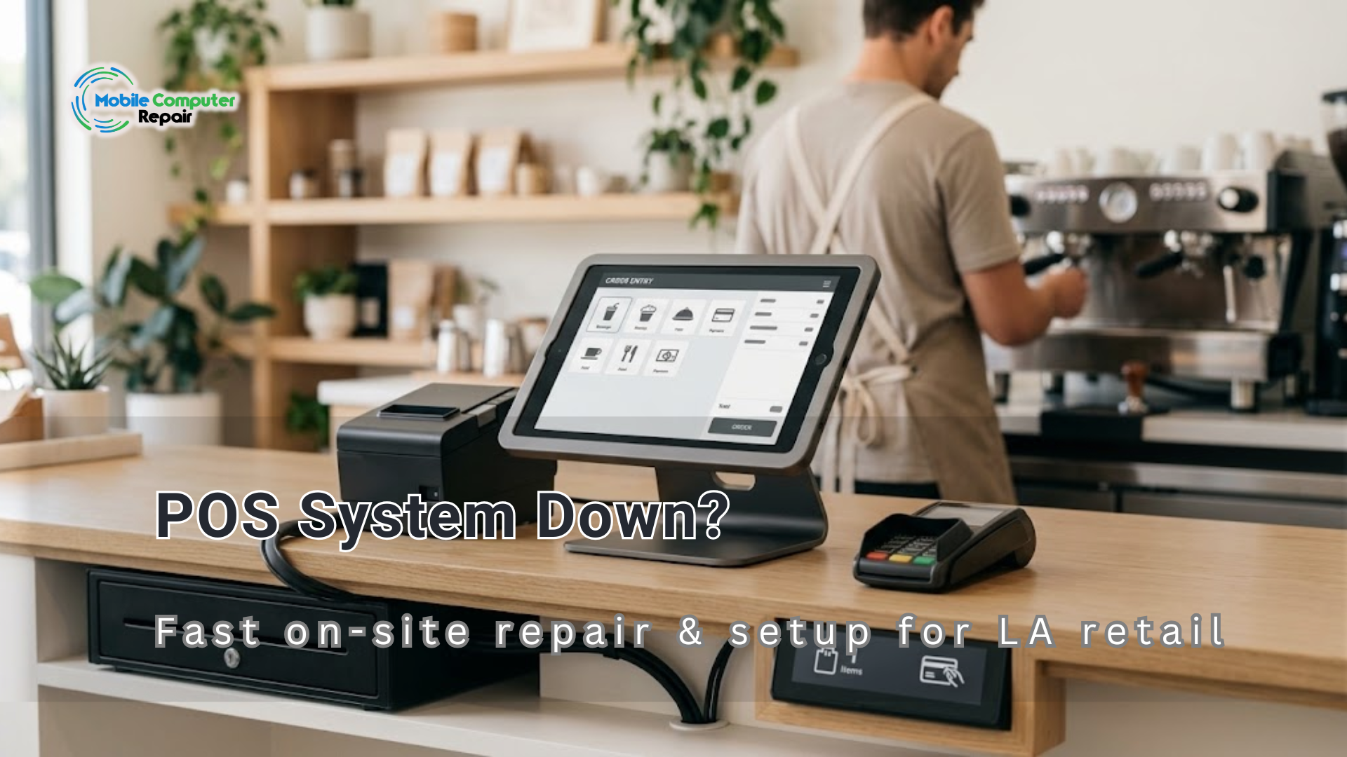 Technician setting up a POS system at a Los Angeles retail business