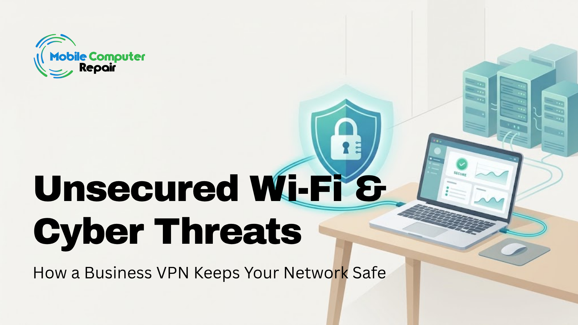 Illustrated graphic for Mobile Computer Repair showing a secure shield icon and laptop connected to server racks, titled "Unsecured Wi-Fi & Cyber Threats: How a Business VPN Keeps Your Network Safe."