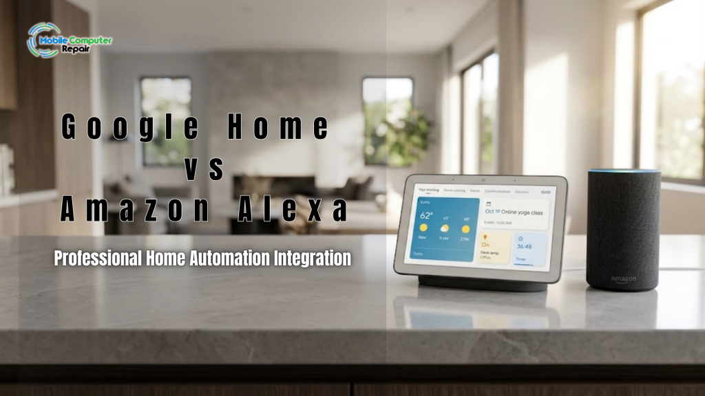 Smart home devices including a voice assistant speaker and display set up in a modern living room