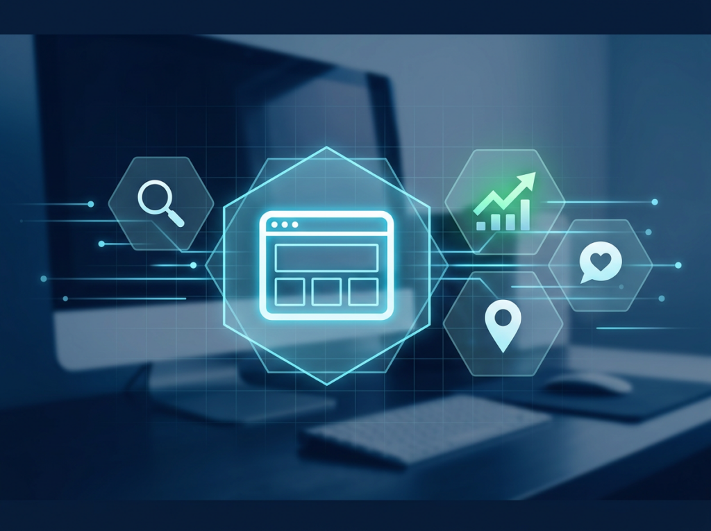 Website and search growth icons over a desk representing web design and SEO services