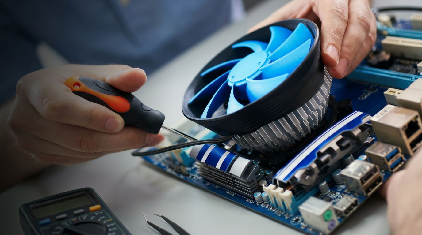 Technician replacing a computer cooling fan