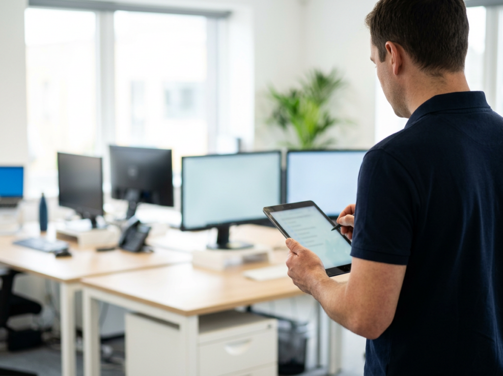 IT consultant assessing office workstations with a tablet