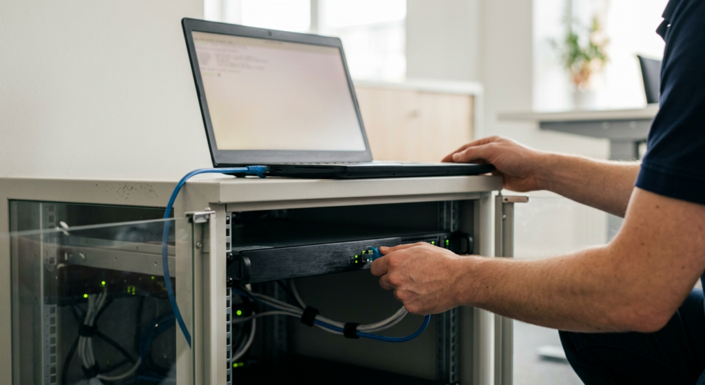 Technician configuring a business server with a laptop at an office server cabinet