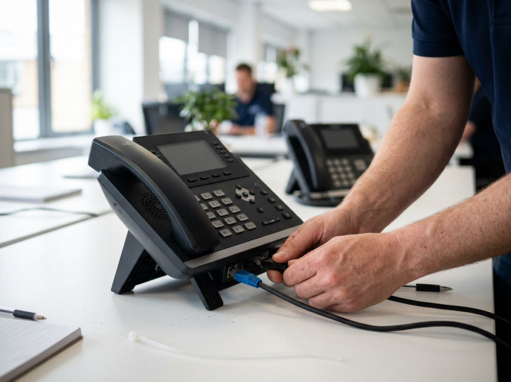 Technician connecting an ethernet cable to a VoIP office desk phone