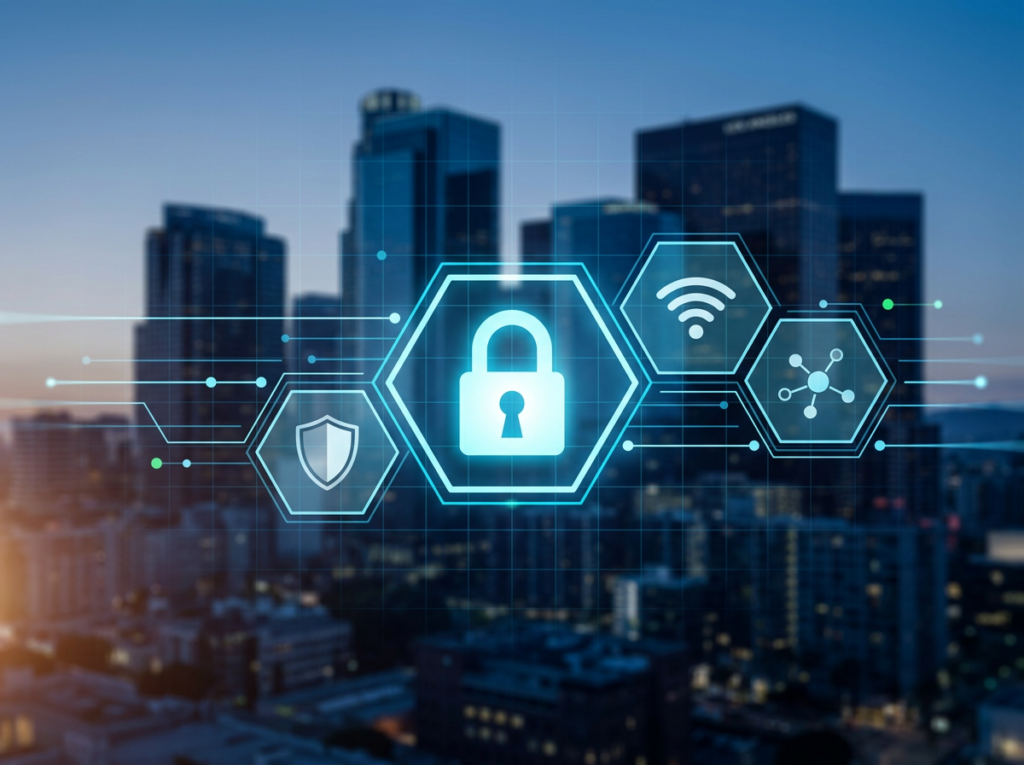 Digital padlock and security icons over a city skyline representing network protection