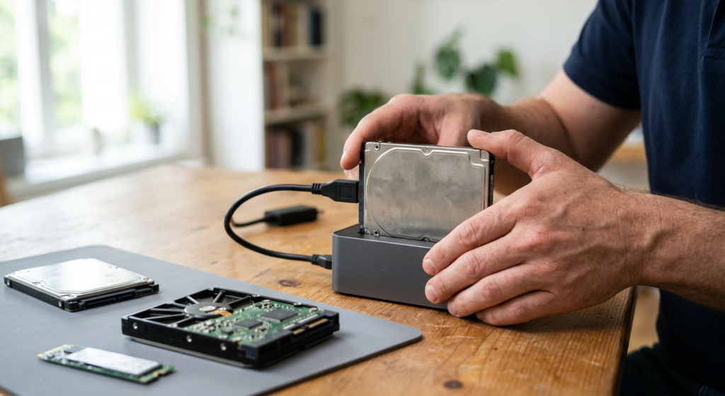 Technician docking a hard drive for data recovery