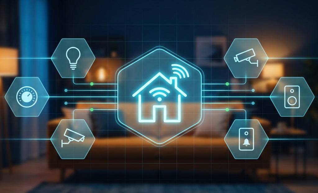 Smart home icons over a living room representing home automation services