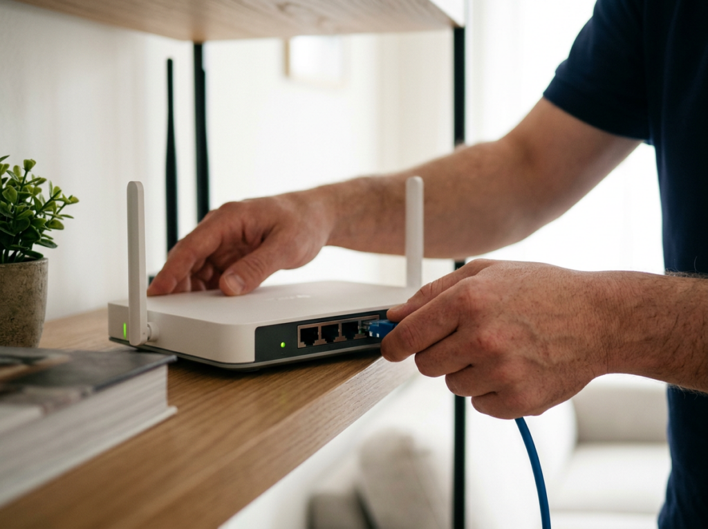 Technician plugging an ethernet cable into a Wi-Fi router at home