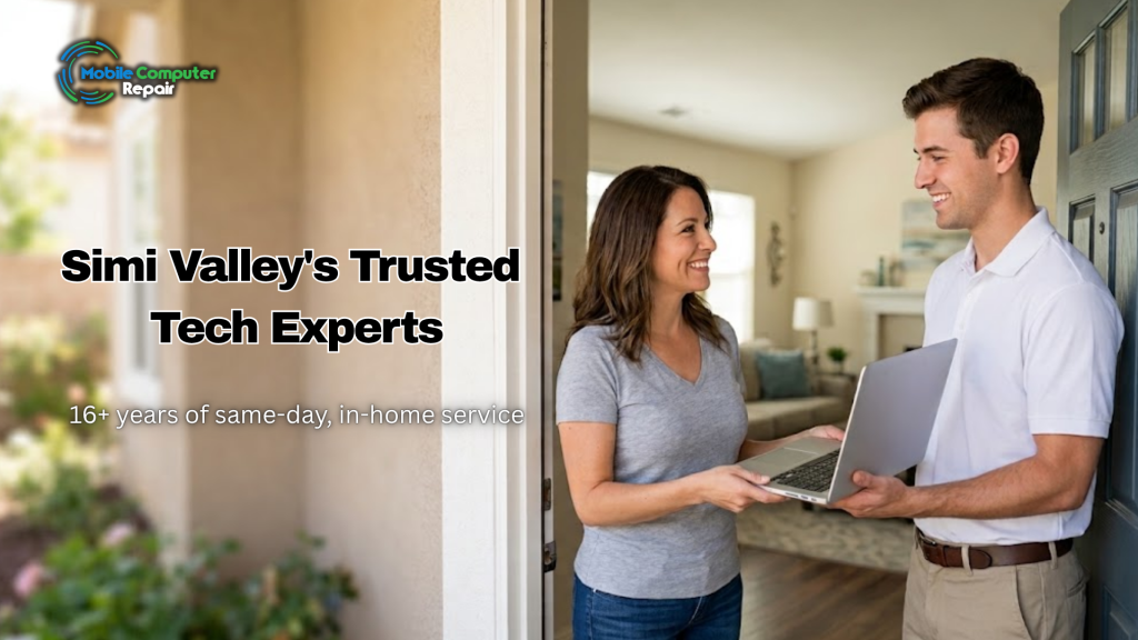 Happy Simi Valley homeowner with a laptop repaired by a local technician