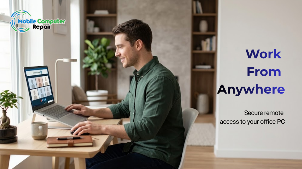 Professional accessing an office computer remotely from a home office setup