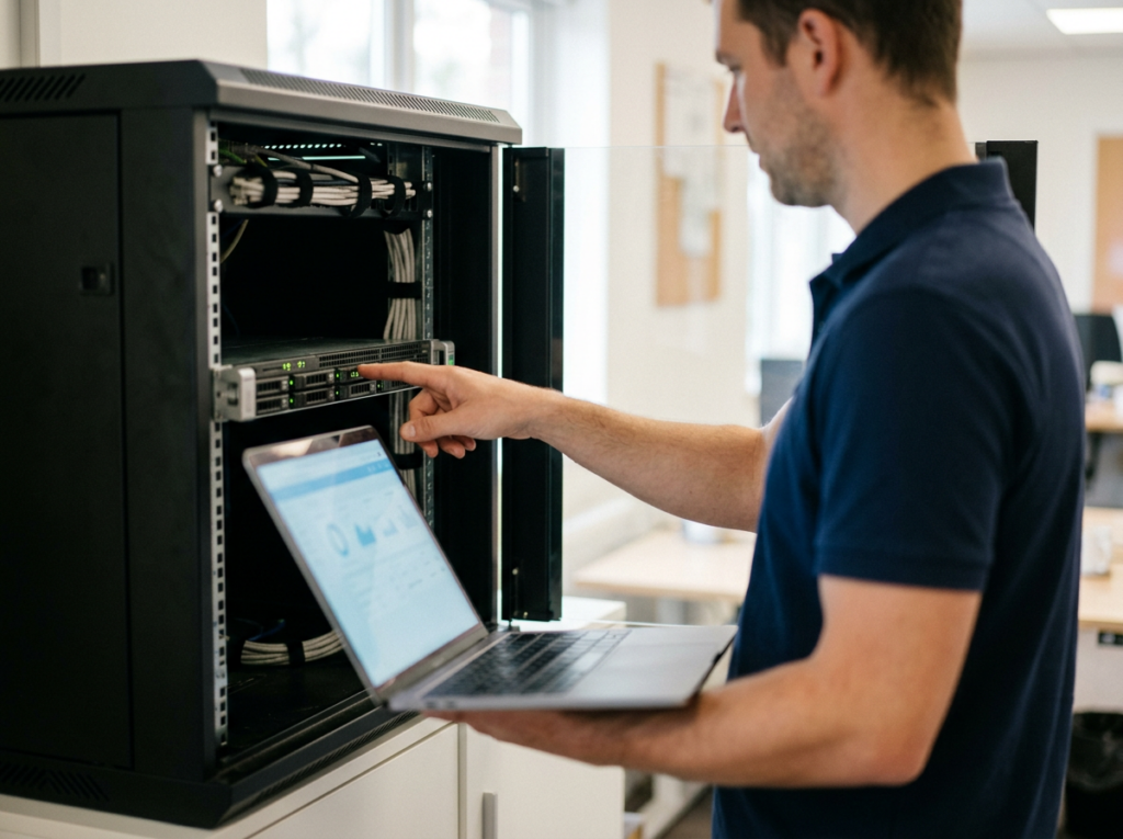 IT technician checking a server cabinet with a laptop at a small business