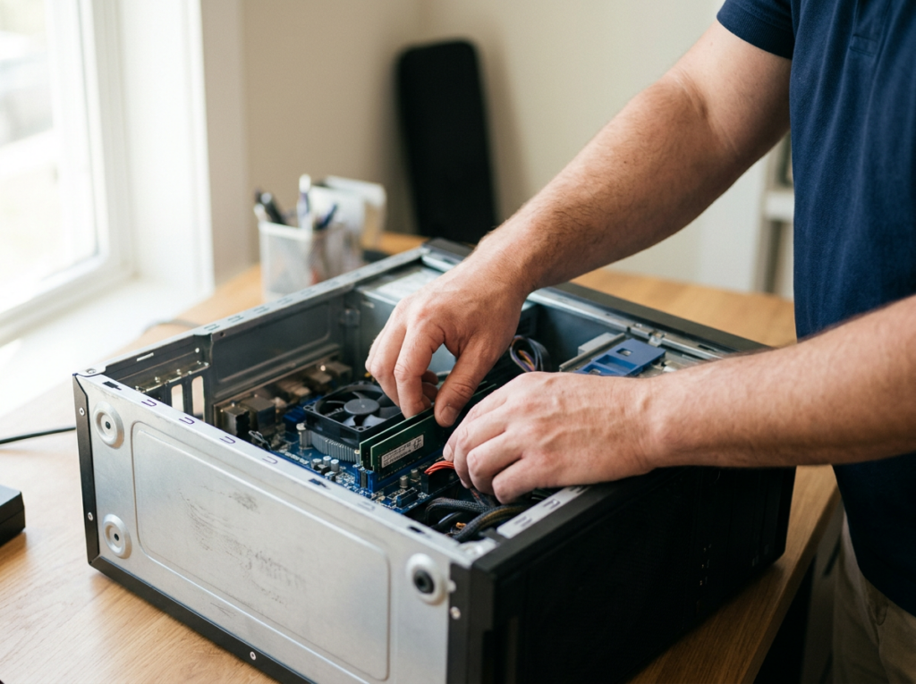 Technician unscrewing the bottom panel of a laptop during repair