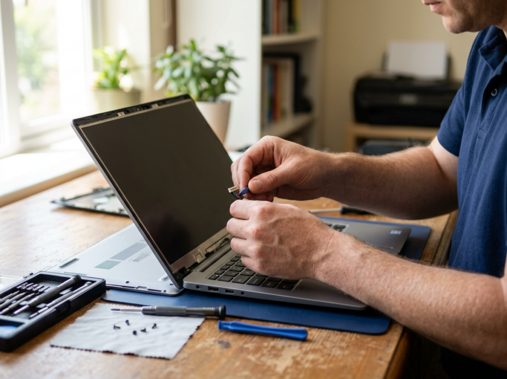 Technician replacing a laptop screen at a home office