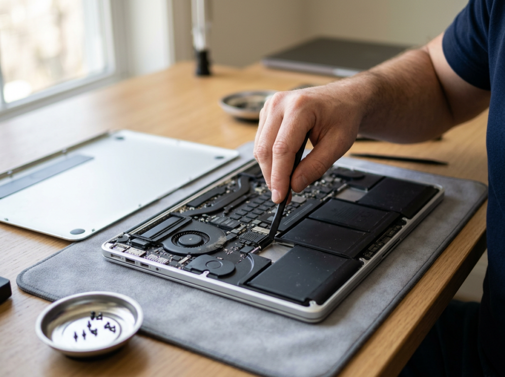 Technician repairing the internals of a slim aluminum laptop