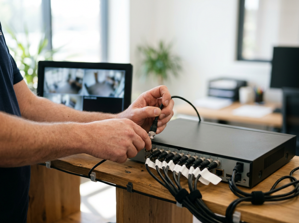 Technician connecting camera cables to a DVR recorder