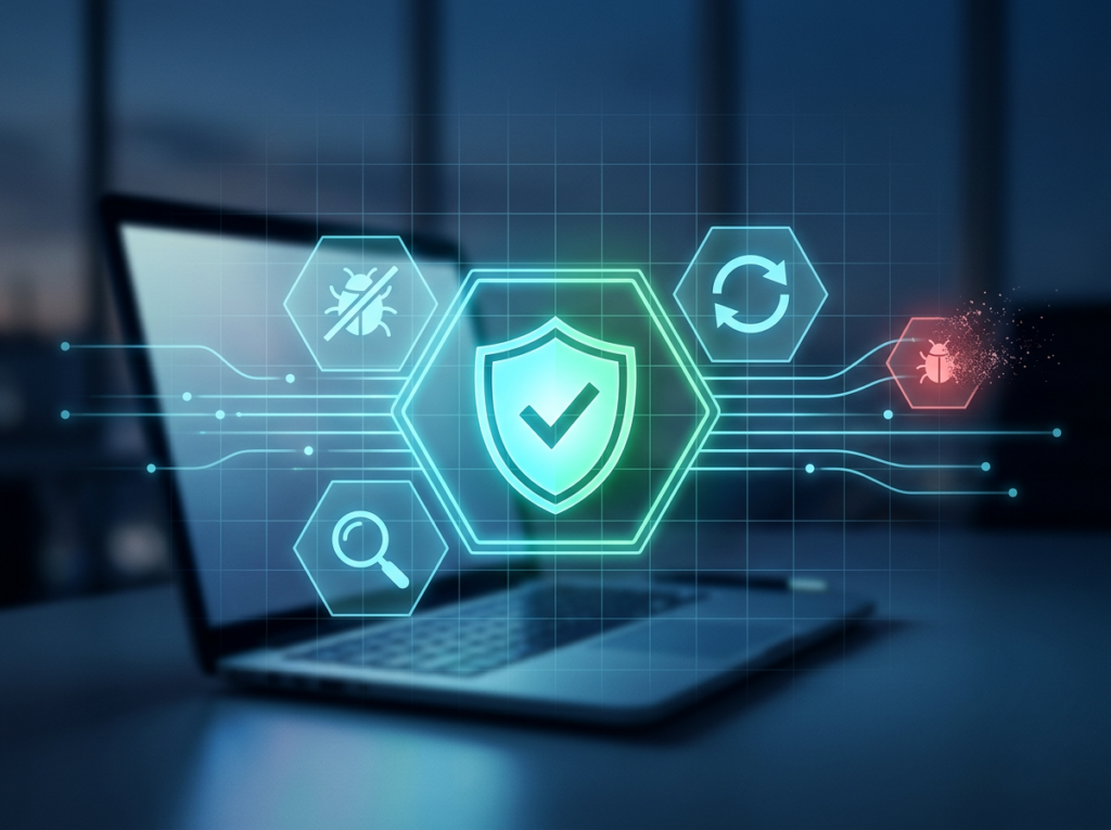 Digital shield and scan icons over a laptop representing virus and malware removal