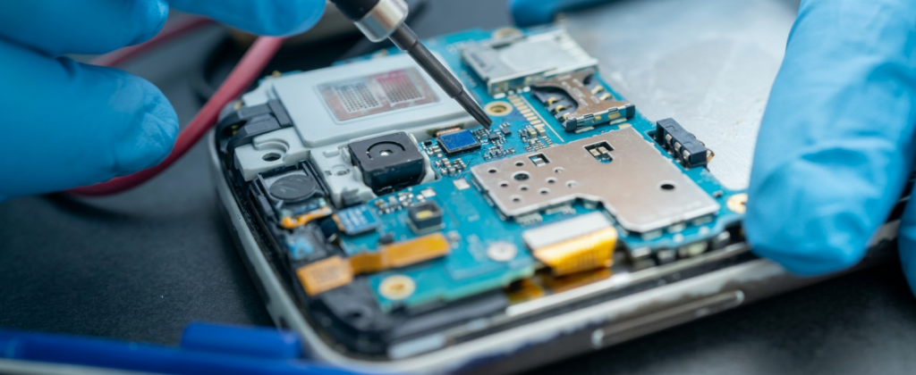 Close-up of a circuit board during repair